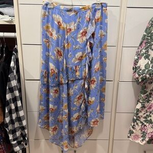 Paige Mabel Silk Asymmetric Floral Print Ruffled Midi Skirt in Dream Blue Poppy
